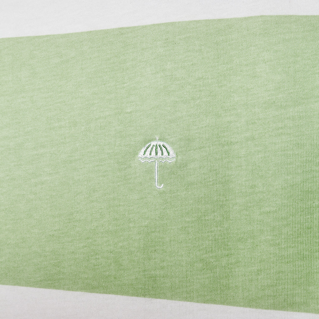 Helas Bateau Striped T Shirt in White & Pastel Green - photograph 2 - closeup shot of branding embroidery left of chest