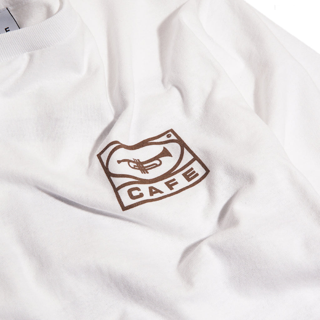 Skateboard Cafe "45" T Shirt - White / Coffee - closeup