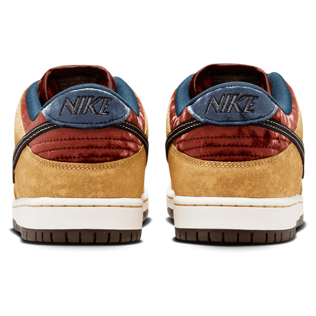 Nike SB Dunk Low Pro - Celestial Gold / Black - Dark Team Red - Heels paired
