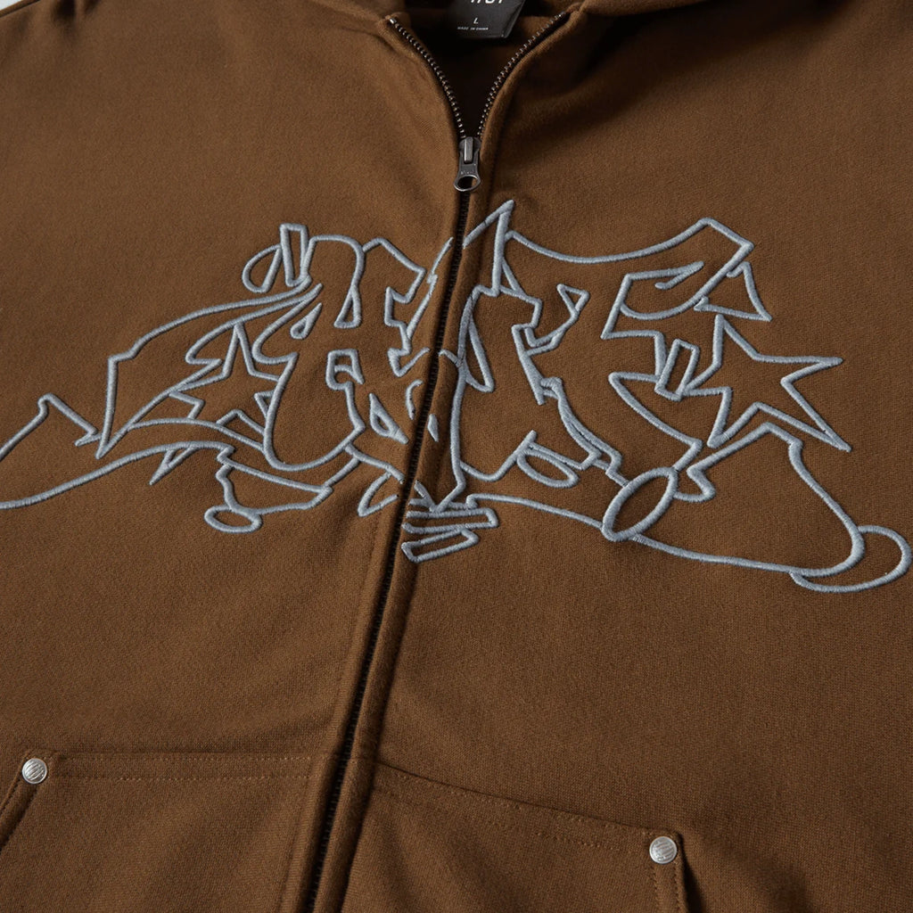 HUF Outlines Heavy Weight Full Zip Fleece - Brown - close up