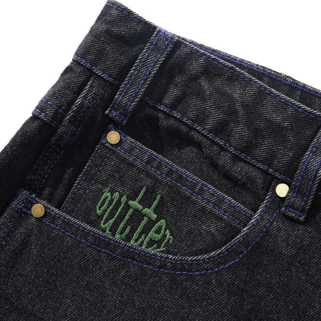 Butter Goods Spider Baggy Denim Jeans - Washed Black - embroidery